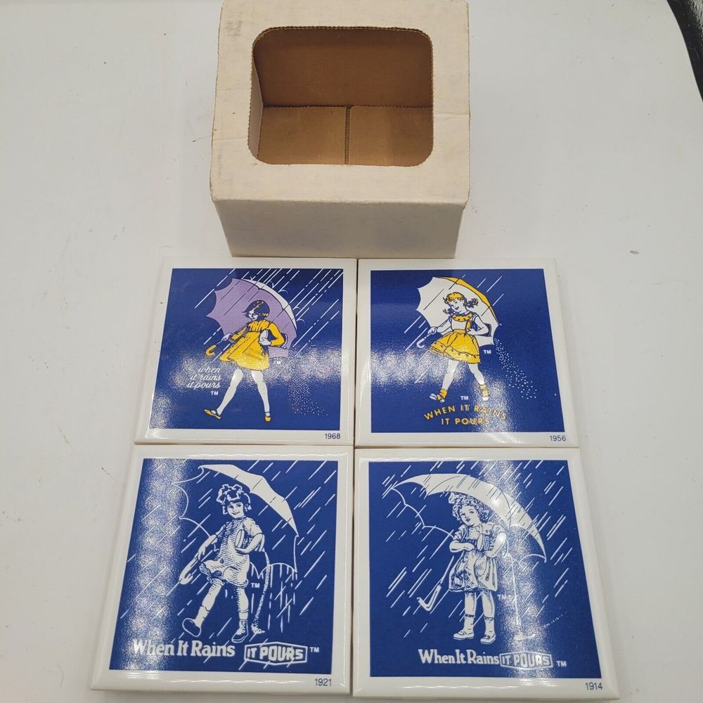 Set of 4 Vintage Morton Salt "When It Rains It Pours" Tiles Trivets Coasters NIB
